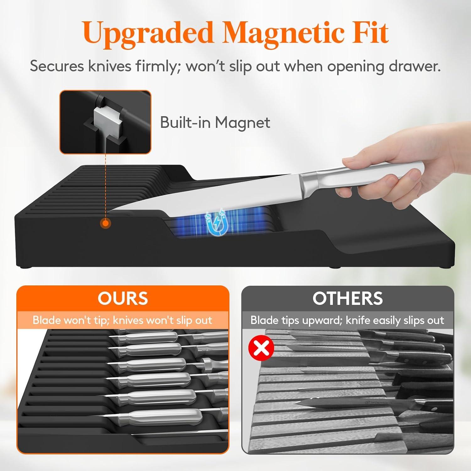 image:imageLifewit Magnetic Drawer Knife Organizers Insert Kitchen Plastic In Drawer Knife Block Slots Steak Chefs Knives Holder Storage Sets for 12 Knives and 1 Sharpening Steel Large BlackBlack
