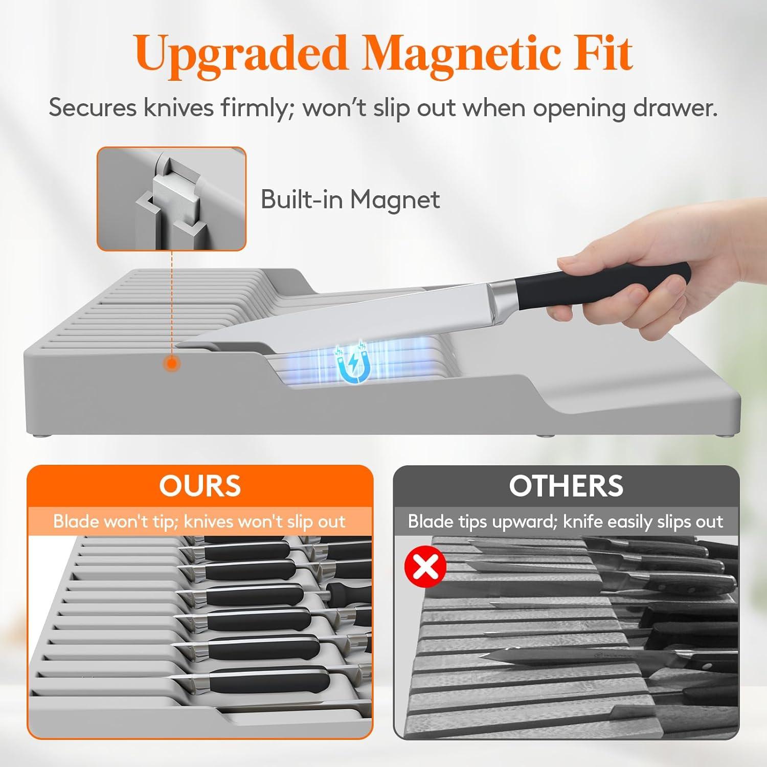 image:imageLifewit Magnetic Drawer Knife Organizers Insert Kitchen Plastic In Drawer Knife Block Slots Steak Chefs Knives Holder Storage Sets for 12 Knives and 1 Sharpening Steel Large BlackGray