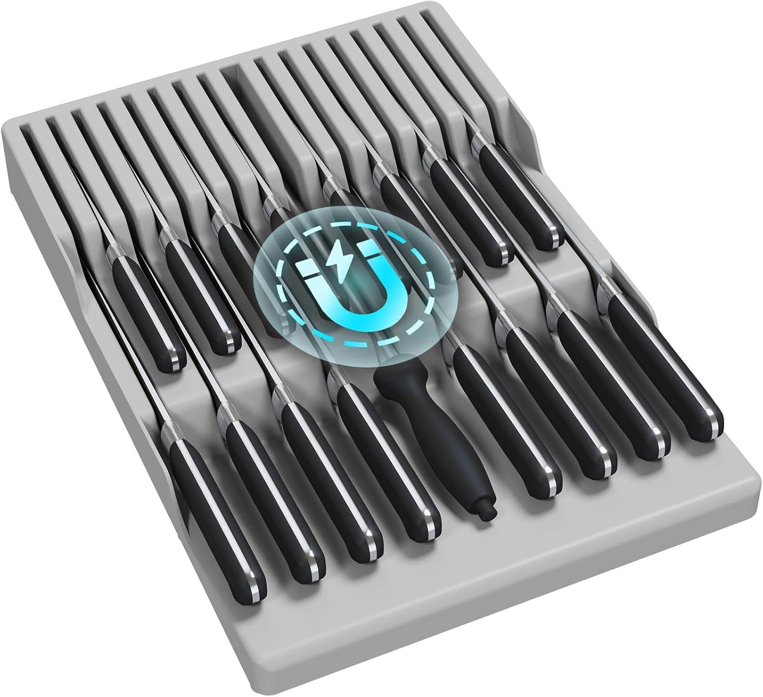 image:imageLifewit Magnetic Drawer Knife Organizers Insert Kitchen Plastic In Drawer Knife Block Slots Steak Chefs Knives Holder Storage Sets for 12 Knives and 1 Sharpening Steel Large BlackGray