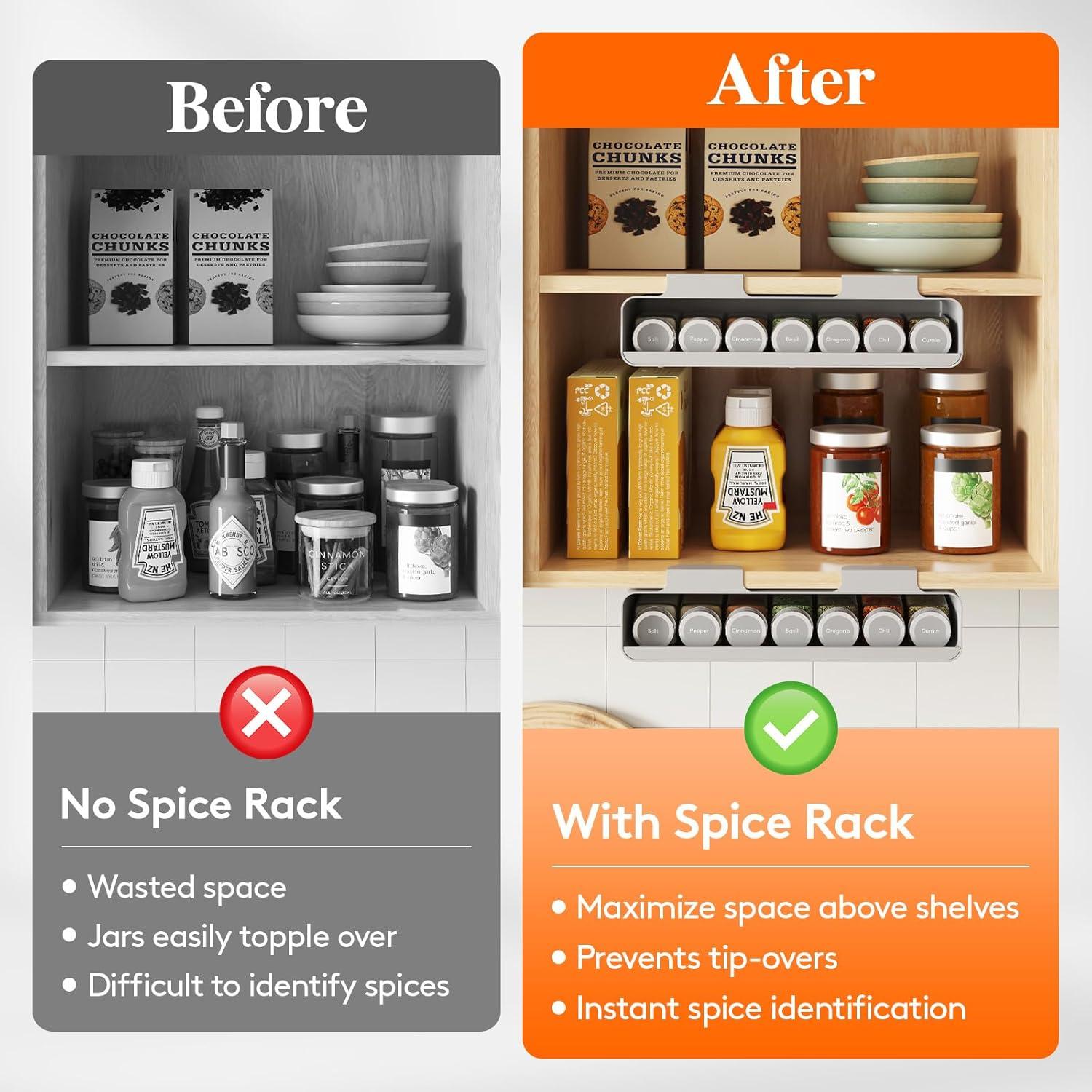 image:imageLifewit Under Cabinet Spice Rack Organizer with 7 Jars Lables Under Shelf Easy Refilling with Silicone FunnelSeasoning Organizer for Kitchen Storage Solution Gray