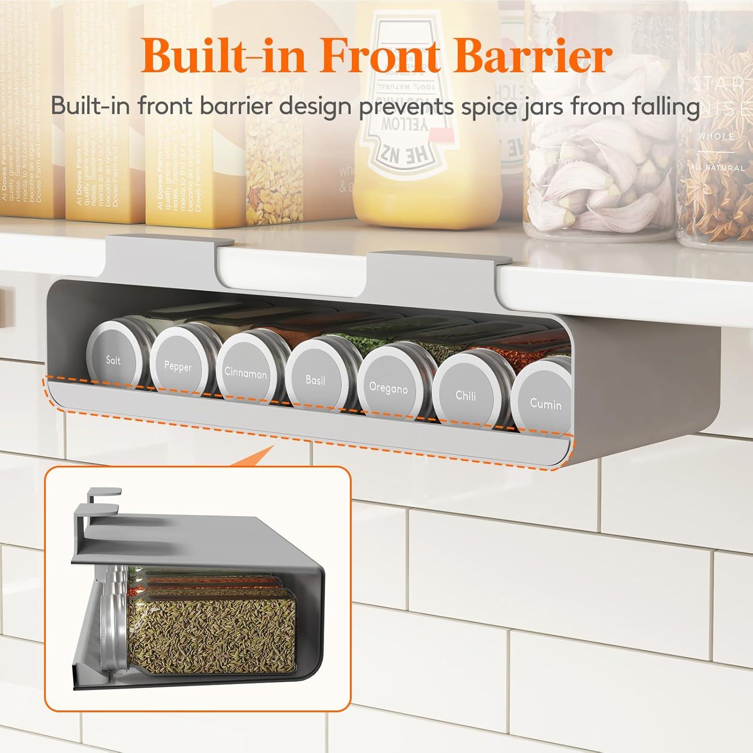image:imageLifewit Under Cabinet Spice Rack Organizer with 7 Jars Lables Under Shelf Easy Refilling with Silicone FunnelSeasoning Organizer for Kitchen Storage Solution Gray