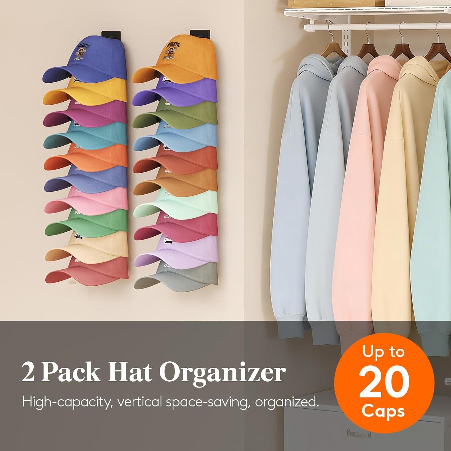 image:imageLifewit WallMounted Hat Organizer 20 Baseball Caps Storage with Elastic Clamp Each Holds 10 OvertheDoor Hat Rack Dual Installation with Nails or Adhesive Closet Cap Holder Black 2Pack2