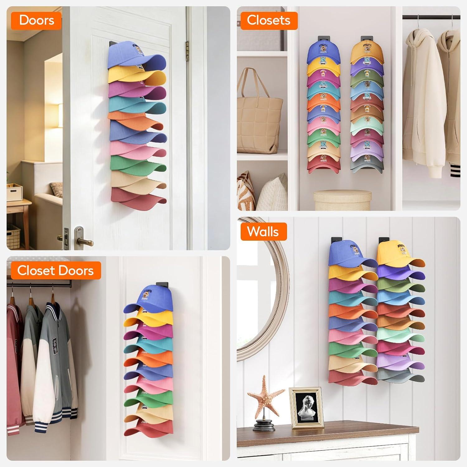 image:imageLifewit WallMounted Hat Organizer 20 Baseball Caps Storage with Elastic Clamp Each Holds 10 OvertheDoor Hat Rack Dual Installation with Nails or Adhesive Closet Cap Holder Black 2Pack2