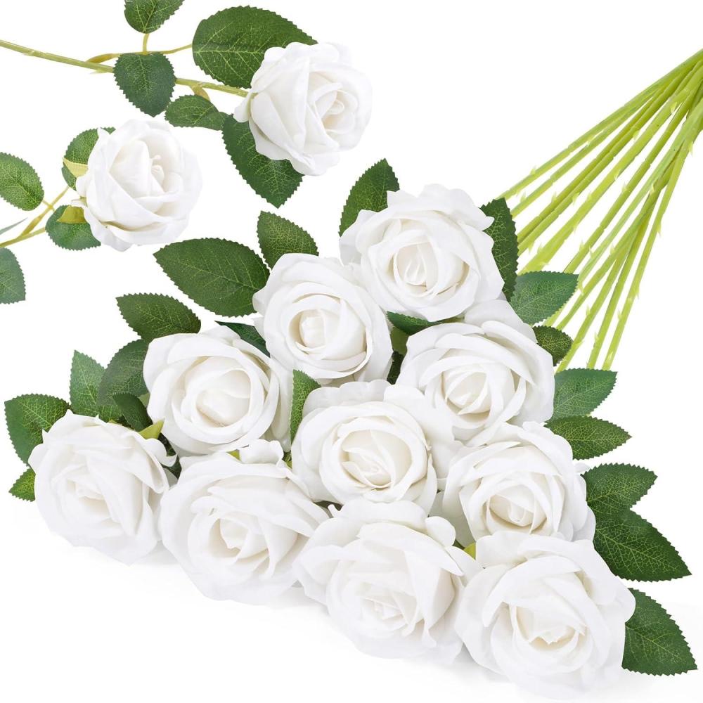 image:imageLifewit 12 Pcs White Artificial Roses Flowers in Bulk Fake Long Stem Silk Roses for DIY Wedding Bouquets Centerpieces Arrangements Valentine DecorationsWhite
