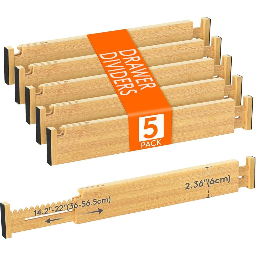 image:imageLifewit 236 High 5 Pack Bamboo Drawer Dividers 14222 Expandable Kitchen Drawer Dividers Adjustable Drawer Dividers for Clothes Drawer Separators for Dresser Kitchen Bedroom Bathroom