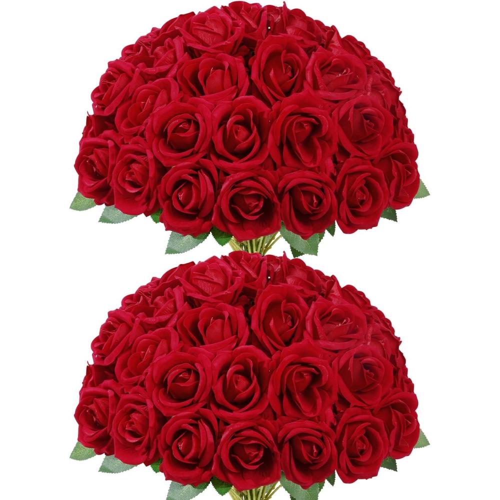 image:imageLifewit 50 Pcs Red Artificial Roses Flowers in Bulk Fake Long Stem Silk Roses for DIY Wedding Bouquets Centerpieces Arrangements Valentine DecorationsRed