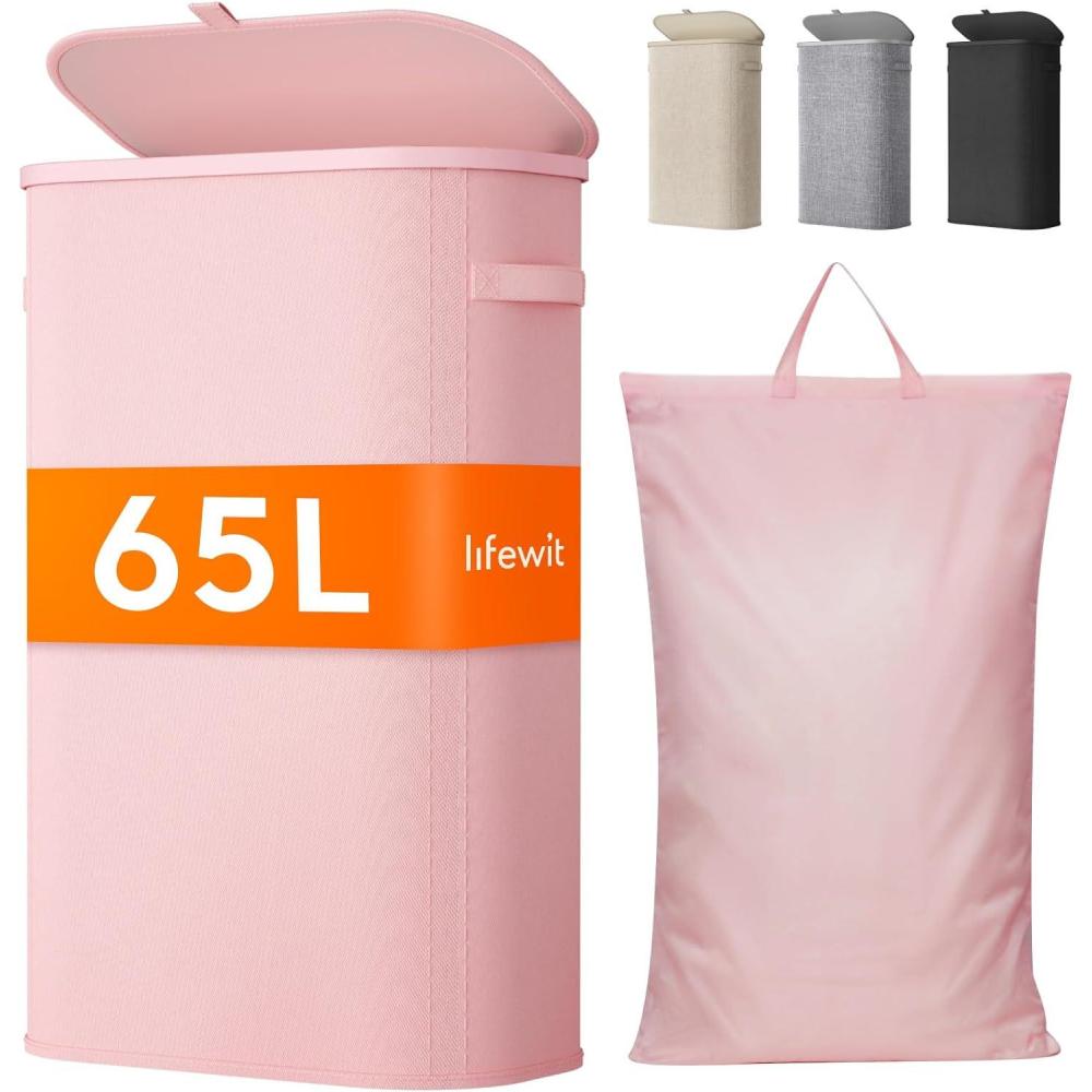 image:imageLifewit 65L Slim Laundry Basket with Lid Narrow Large Laundry Hamper with Plastic Handles and Removable Bag Tall Foldable Dirty Clothes Hampers for Laundry Room Bedroom Bathroom Dorm PinkPink
