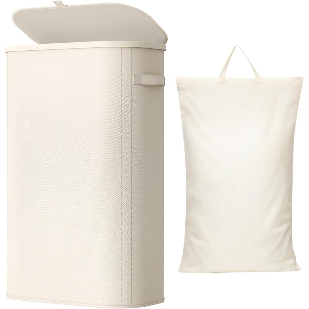 image:imageLifewit 65L Slim Laundry Basket with Lid Narrow Large Laundry Hamper with Plastic Handles and Removable Bag Tall Foldable Dirty Clothes Hampers for Laundry Room Bedroom Bathroom Dorm PinkWhite