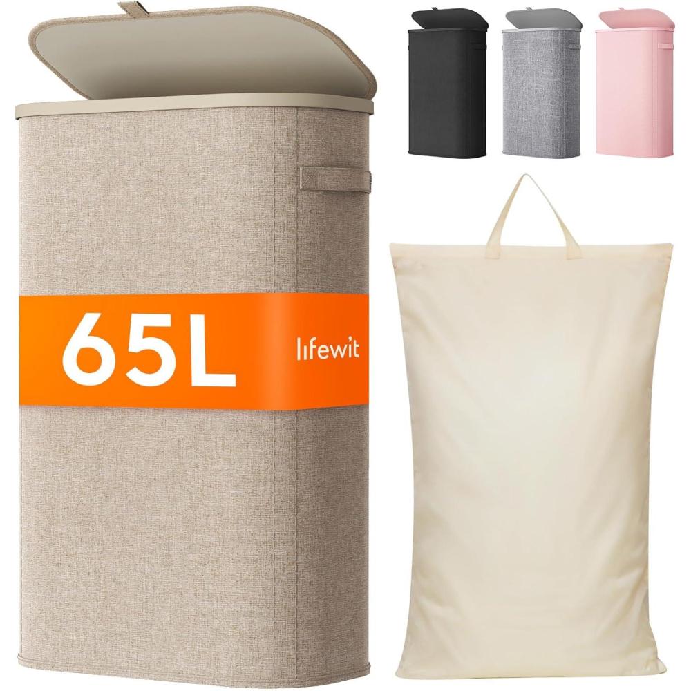 image:imageLifewit 65L Slim Laundry Basket with Lid Narrow Large Laundry Hamper with Plastic Handles and Removable Bag Tall Foldable Dirty Clothes Hampers for Laundry Room Bedroom Bathroom Dorm PinkBeige