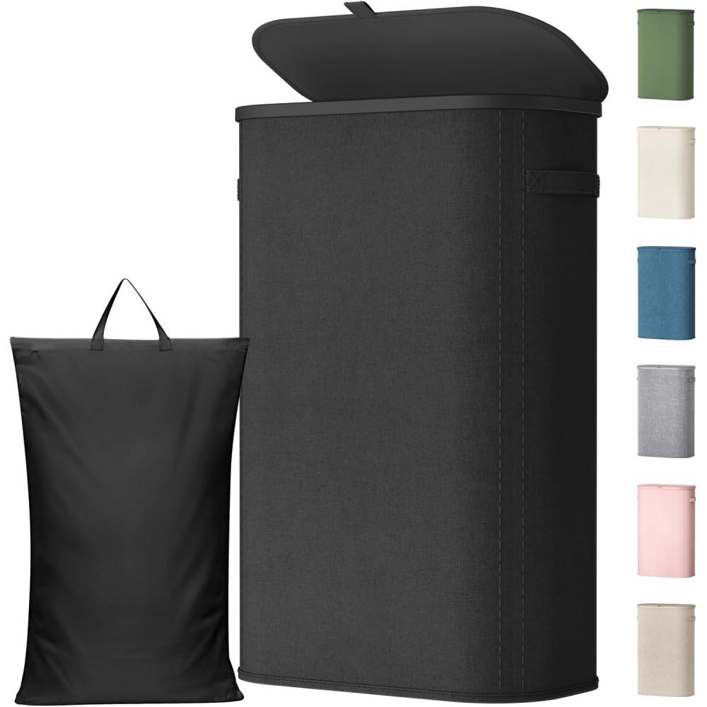 image:imageLifewit 65L Slim Laundry Basket with Lid Narrow Large Laundry Hamper with Plastic Handles and Removable Bag Tall Foldable Dirty Clothes Hampers for Laundry Room Bedroom Bathroom Dorm PinkBlack