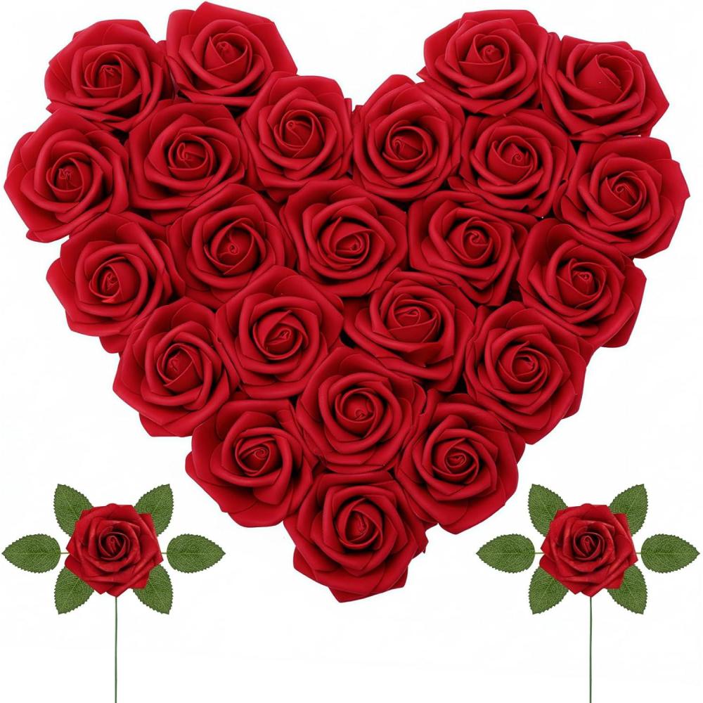image:imageLifewit Artificial Flowers 25 Pcs Dark Red Foam Real Looking Roses with Stems Fake Roses for DIY Wedding Bouquets Centerpieces Arrangements Valentine DecorationsDark Red