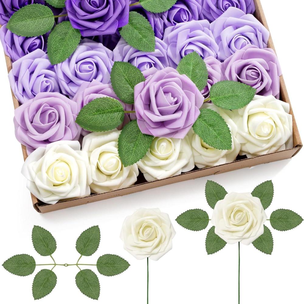 image:imageLifewit Artificial Flowers 25 Pcs Dark Red Foam Real Looking Roses with Stems Fake Roses for DIY Wedding Bouquets Centerpieces Arrangements Valentine DecorationsIvory Purple Mix