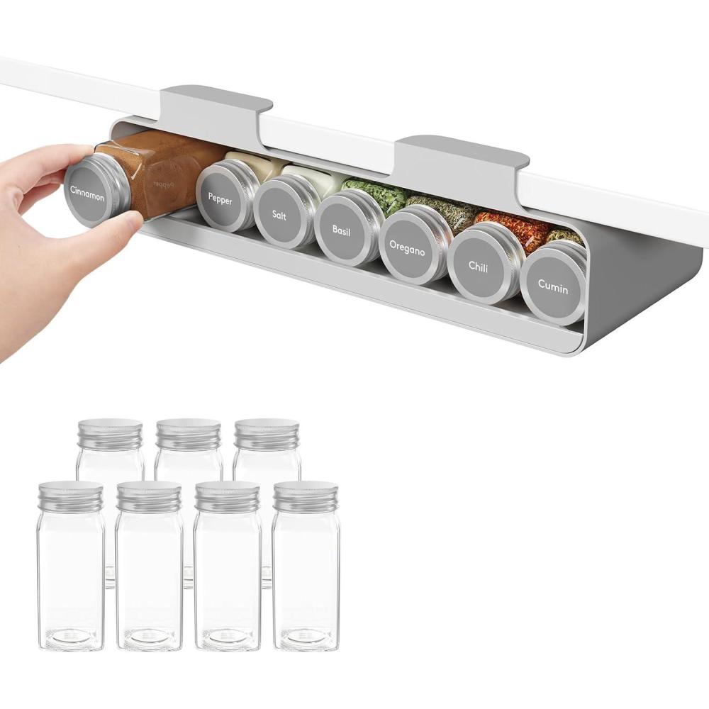 image:imageLifewit Under Cabinet Spice Rack Organizer with 7 Jars Lables Under Shelf Easy Refilling with Silicone FunnelSeasoning Organizer for Kitchen Storage Solution Gray