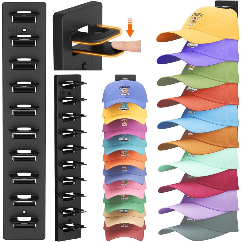 image:imageLifewit WallMounted Hat Organizer 20 Baseball Caps Storage with Elastic Clamp Each Holds 10 OvertheDoor Hat Rack Dual Installation with Nails or Adhesive Closet Cap Holder Black 2Pack2