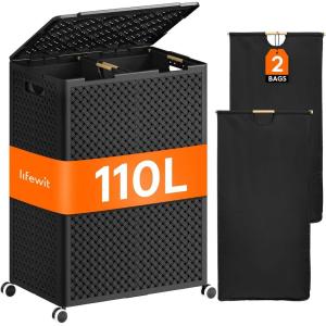 Lifewit 110L Plastic Double Laundry Basket with Lid, Collapsible 2 Section Clothes Hamper with Wheels and Removable Bags, Large Rolling 2 Compartment Bin for Laundry Room Bedroom Bathroom, Black