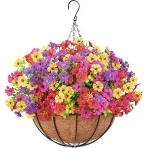Lifewit 12 Bundles Artificial Hanging Daisy Flowers Baskets for Outdoor Decor, Plastic Fake Flowers for Indoor Garden Porch Patio Balcony, Mix for Fuchsia Purple Yellow Red(4 Mix Color(fuchsia Purple Yellow Red))