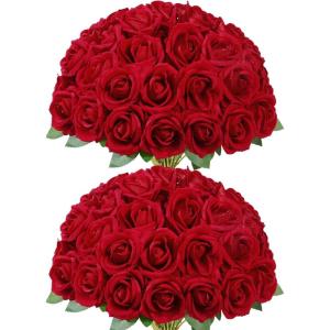 Lifewit 50 Pcs Red Artificial Roses Flowers in Bulk, Fake Long Stem Silk Roses for DIY Wedding Bouquets, Centerpieces Arrangements, Valentine Decorations(Red)
