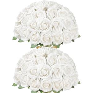 Lifewit 50 Pcs Red Artificial Roses Flowers in Bulk, Fake Long Stem Silk Roses for DIY Wedding Bouquets, Centerpieces Arrangements, Valentine Decorations(White)