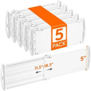 Lifewit 6″ Tall 5 Pack Drawer Dividers, 30-47cm/11.5-18.5″ Expandable Drawer Divider for Clothes, Adjustable Dresser Drawer Organizers, Drawers Separators for Dresser/Bathroom/Closet/Kitchen White(5)