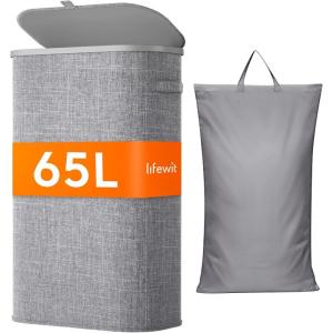 Lifewit 65L Slim Laundry Basket with Lid, Narrow Large Laundry Hamper with Plastic Handles and Removable Bag, Tall Foldable Dirty Clothes Hampers for Laundry Room, Bedroom, Bathroom, Dorm, Pink(Gray)