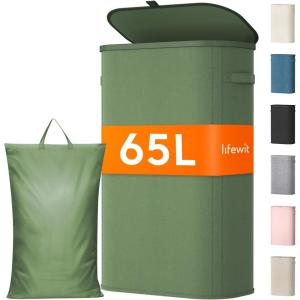 Lifewit 65L Slim Laundry Basket with Lid, Narrow Large Laundry Hamper with Plastic Handles and Removable Bag, Tall Foldable Dirty Clothes Hampers for Laundry Room, Bedroom, Bathroom, Dorm, Pink(Green)