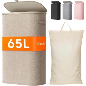 Lifewit 65L Slim Laundry Basket with Lid, Narrow Large Laundry Hamper with Plastic Handles and Removable Bag, Tall Foldable Dirty Clothes Hampers for Laundry Room, Bedroom, Bathroom, Dorm, Pink(Beige)