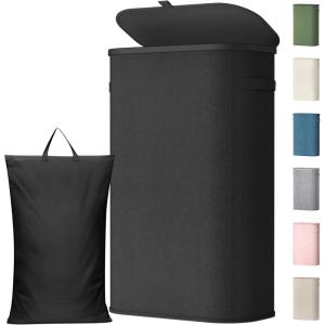 Lifewit 65L Slim Laundry Basket with Lid, Narrow Large Laundry Hamper with Plastic Handles and Removable Bag, Tall Foldable Dirty Clothes Hampers for Laundry Room, Bedroom, Bathroom, Dorm, Pink(Black)