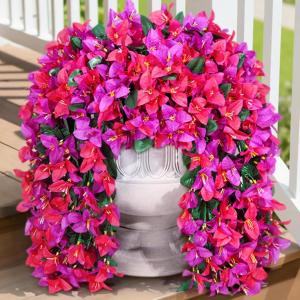 Lifewit Artificial Bougainvillea Flowers, 2 PCS Plastic Long Trailing Vines Fake Flowers for Outdoor Indoor Garden Porch Patio Balcony Decor, UV Resistant, Hot Pink(Purple & Hot Pink)