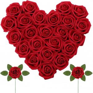 Lifewit Artificial Flowers, 25 Pcs Dark Red Foam Real Looking Roses with Stems, Fake Roses for DIY Wedding Bouquets, Centerpieces Arrangements, Valentine Decorations(Dark Red)