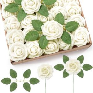 Lifewit Artificial Flowers, 25 Pcs Dark Red Foam Real Looking Roses with Stems, Fake Roses for DIY Wedding Bouquets, Centerpieces Arrangements, Valentine Decorations(Ivory)