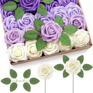 Lifewit Artificial Flowers, 25 Pcs Dark Red Foam Real Looking Roses with Stems, Fake Roses for DIY Wedding Bouquets, Centerpieces Arrangements, Valentine Decorations(Ivory & Purple Mix)