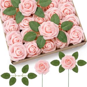 Lifewit Artificial Flowers, 25 Pcs Dark Red Foam Real Looking Roses with Stems, Fake Roses for DIY Wedding Bouquets, Centerpieces Arrangements, Valentine Decorations(Blush)