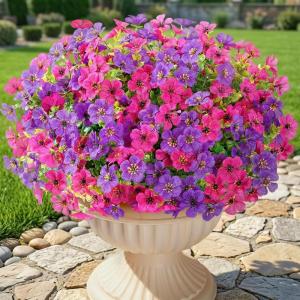 Lifewit Artificial Flowers for Outdoors, 24 Bundles Plastic Fake Flowers Daisy for Home Garden Decor, Faux Plants for Spring Summer Porch, Window Box, Vase Decoration(6 Mix Color)(Fuchsia & Purple)