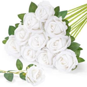 Lifewit Classic Red Artificial Roses Flowers, Faux Long Stem Silk Roses Bulky for DIY Wedding Bouquets Decoration, Centerpieces Arrangements, Velentine,12 Pcs(White)