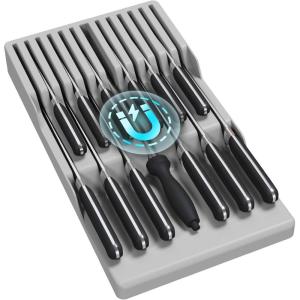 Lifewit Magnetic Drawer Knife Organizers Insert, Kitchen Plastic In Drawer Knife Block Slots, Steak Chefs Knives Holder Storage Sets for 12 Knives and 1 Sharpening Steel, Large, Black(Gray)