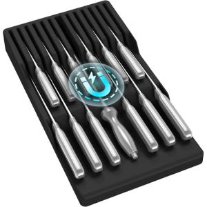 Lifewit Magnetic Drawer Knife Organizers Insert, Kitchen Plastic In Drawer Knife Block Slots, Steak Chefs Knives Holder Storage Sets for 12 Knives and 1 Sharpening Steel, Large, Black(Black)