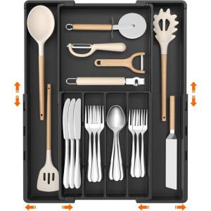 Lifewit Silverware Drawer Organizer, Expandable Utensil Tray for Kitchen, BPA Free Flatware and Cutlery Holder, Adjustable Plastic Storage for Spoons Forks Knives, 4-7 Slots, Black(Black)