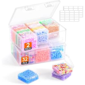 Lifewit Small Bead Organizers with Anti-Tipping Divided Base, 32 Pieces Plastic Craft Storage Box with Hinged Lid and Labels, Mini Clear Sorting Case for Jewelry, Diamonds, Bracelets, Seeds, Screws(2)