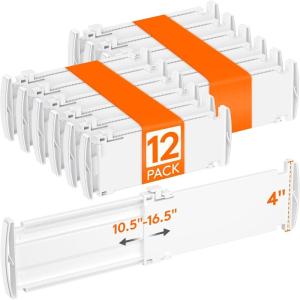 Lifewit 5″ Tall 4 Pack Drawer Dividers, 30-47cm/11.5-18.5″ Expandable Drawer Divider for Clothes, Adjustable Dresser Drawer Organizers, Drawers Separators for Dresser/Bathroom/Closet/Kitchen White(12)