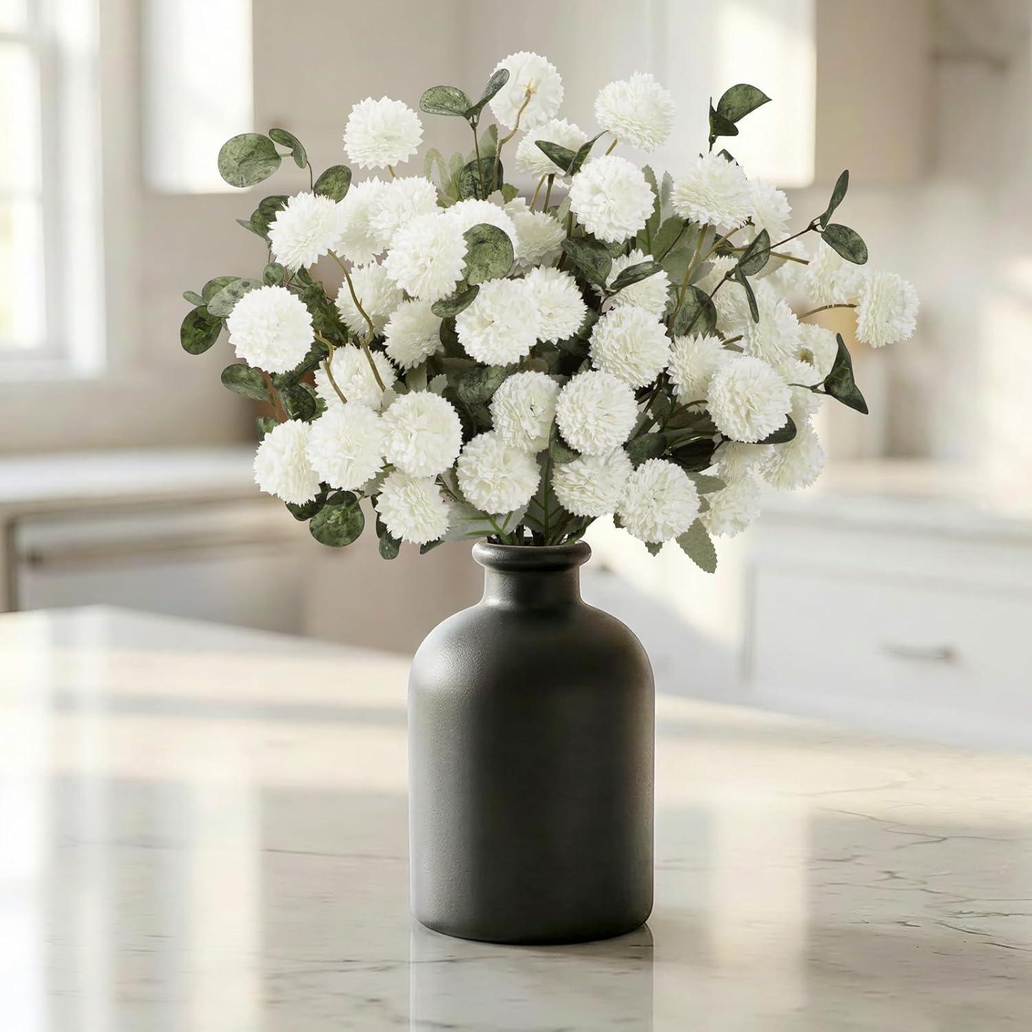 image:imageLifewit Beige Artificial Flower for Vase 10 Pcs Faux Silk Mums Ball with Long Stems and 2 Pcs Eucalyptus Stems for Home Decor Fake Small Kiku for Floral Arrangement Pom Pom for CenterpiecesWhite