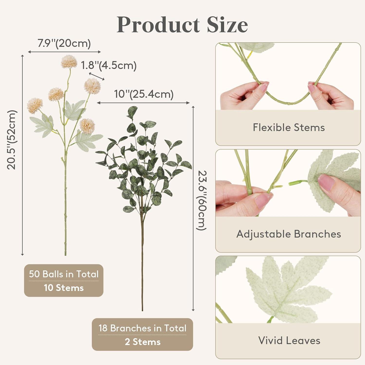 image:imageLifewit Beige Artificial Flower for Vase 10 Pcs Faux Silk Mums Ball with Long Stems and 2 Pcs Eucalyptus Stems for Home Decor Fake Small Kiku for Floral Arrangement Pom Pom for CenterpiecesBeige