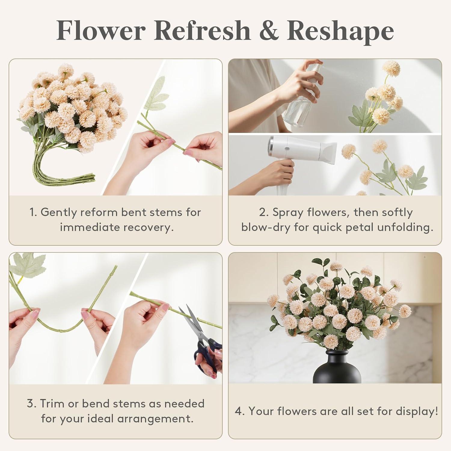 image:imageLifewit Beige Artificial Flower for Vase 10 Pcs Faux Silk Mums Ball with Long Stems and 2 Pcs Eucalyptus Stems for Home Decor Fake Small Kiku for Floral Arrangement Pom Pom for CenterpiecesBeige