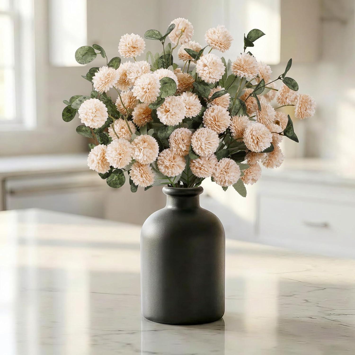 image:imageLifewit Beige Artificial Flower for Vase 10 Pcs Faux Silk Mums Ball with Long Stems and 2 Pcs Eucalyptus Stems for Home Decor Fake Small Kiku for Floral Arrangement Pom Pom for CenterpiecesBeige
