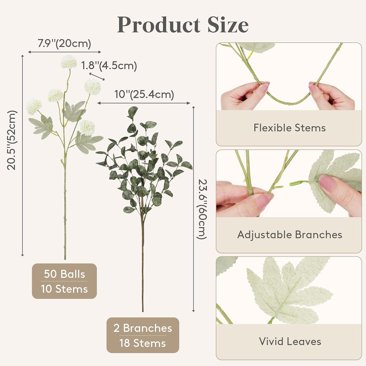 image:imageLifewit Beige Artificial Flower for Vase 10 Pcs Faux Silk Mums Ball with Long Stems and 2 Pcs Eucalyptus Stems for Home Decor Fake Small Kiku for Floral Arrangement Pom Pom for CenterpiecesWhite