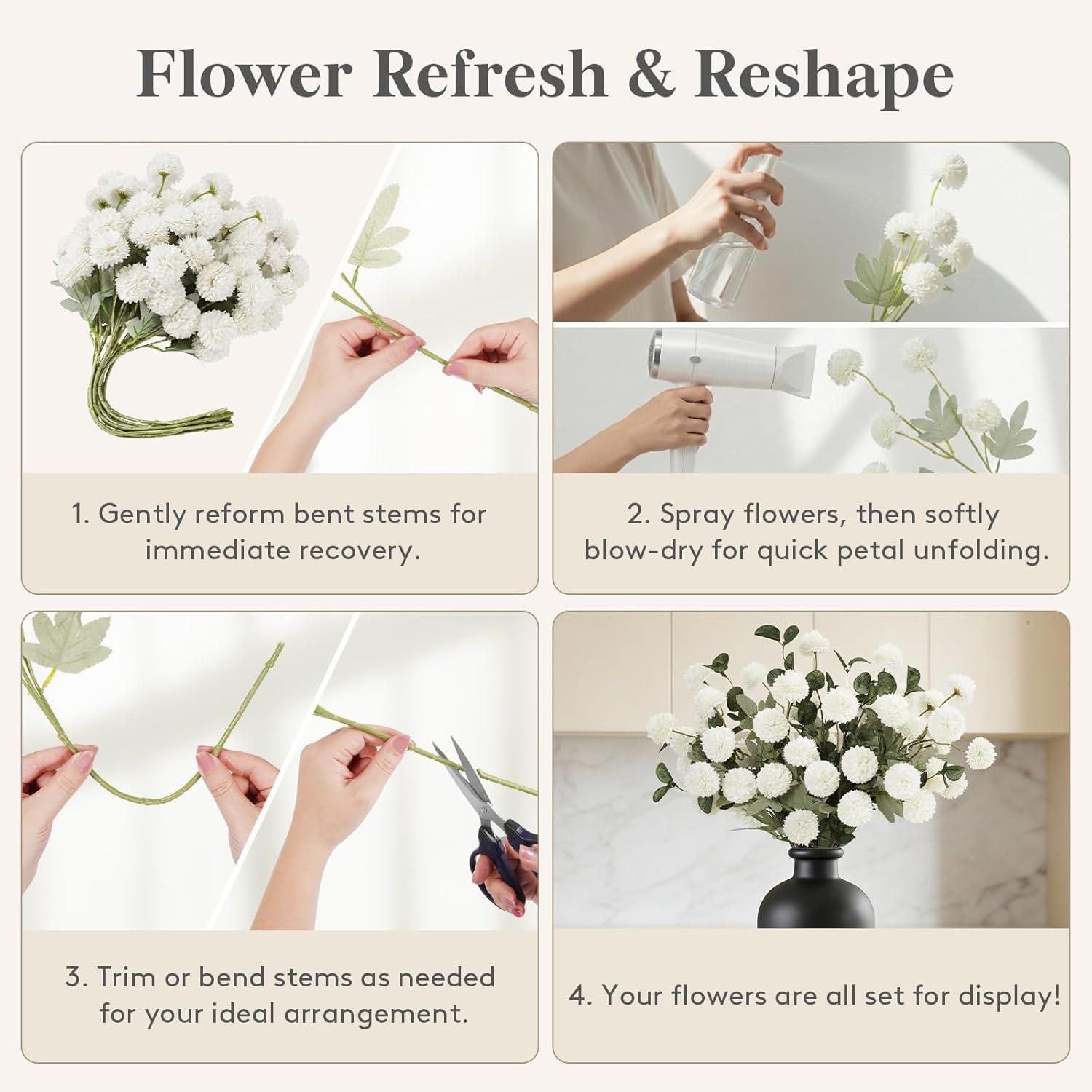 image:imageLifewit Beige Artificial Flower for Vase 10 Pcs Faux Silk Mums Ball with Long Stems and 2 Pcs Eucalyptus Stems for Home Decor Fake Small Kiku for Floral Arrangement Pom Pom for CenterpiecesWhite