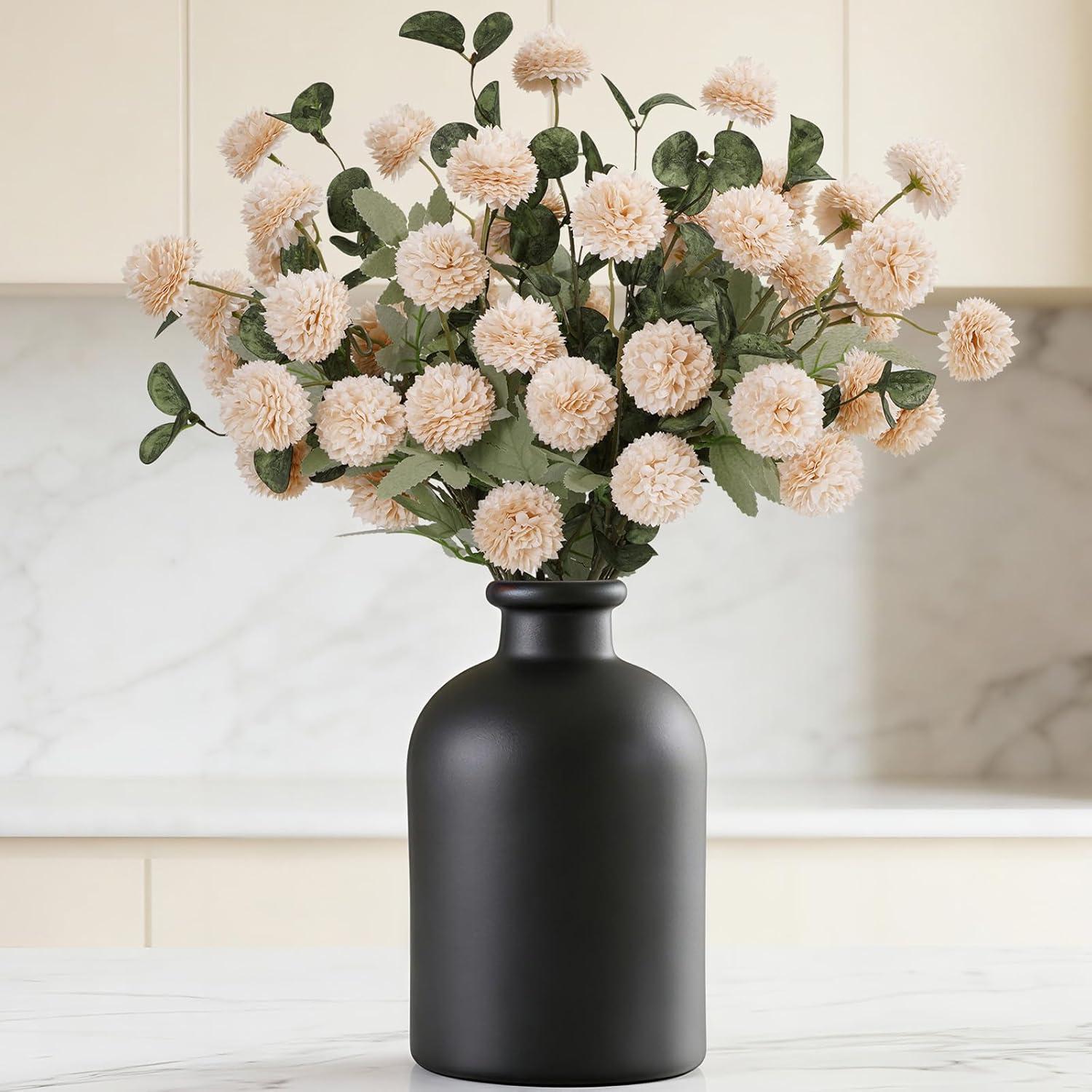 image:imageLifewit Beige Artificial Flower for Vase 10 Pcs Faux Silk Mums Ball with Long Stems and 2 Pcs Eucalyptus Stems for Home Decor Fake Small Kiku for Floral Arrangement Pom Pom for CenterpiecesBeige