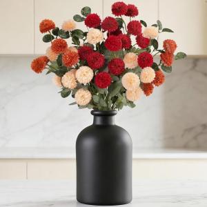 Lifewit Beige Artificial Flower for Vase, 10 Pcs Faux Silk Mums Ball with Long Stems and 2 Pcs Eucalyptus Stems for Home Decor, Fake Small Kiku for Floral Arrangement, Pom Pom for Centerpieces(Mix Orange)