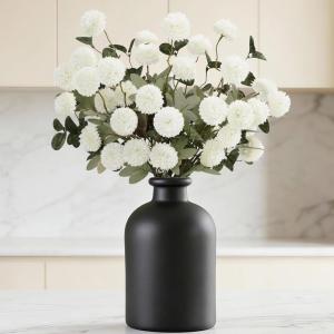 Lifewit Beige Artificial Flower for Vase, 10 Pcs Faux Silk Mums Ball with Long Stems and 2 Pcs Eucalyptus Stems for Home Decor, Fake Small Kiku for Floral Arrangement, Pom Pom for Centerpieces(White)