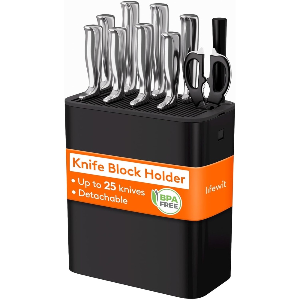 image:imageLifewit Knife Block without Knives Large Plastic Universal Knife Block Holder with Detachable Slots Hold Up to 25 Knives Scissors and Sharpening Rods Kitchen Storage Organizer for Counter Black25 knives
