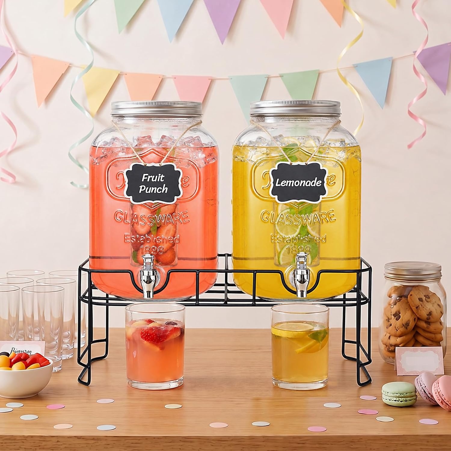 image:imageLifewit 1 Gallon Glass Drink Dispenser for Parties Beverage Container with Stand for JuiceTeaSoda amp Lemonade Water Pitcher with Leakproof Spigot for Mimosa Bar Birthday Wedding Hosting 2 Pcs2 Gallon